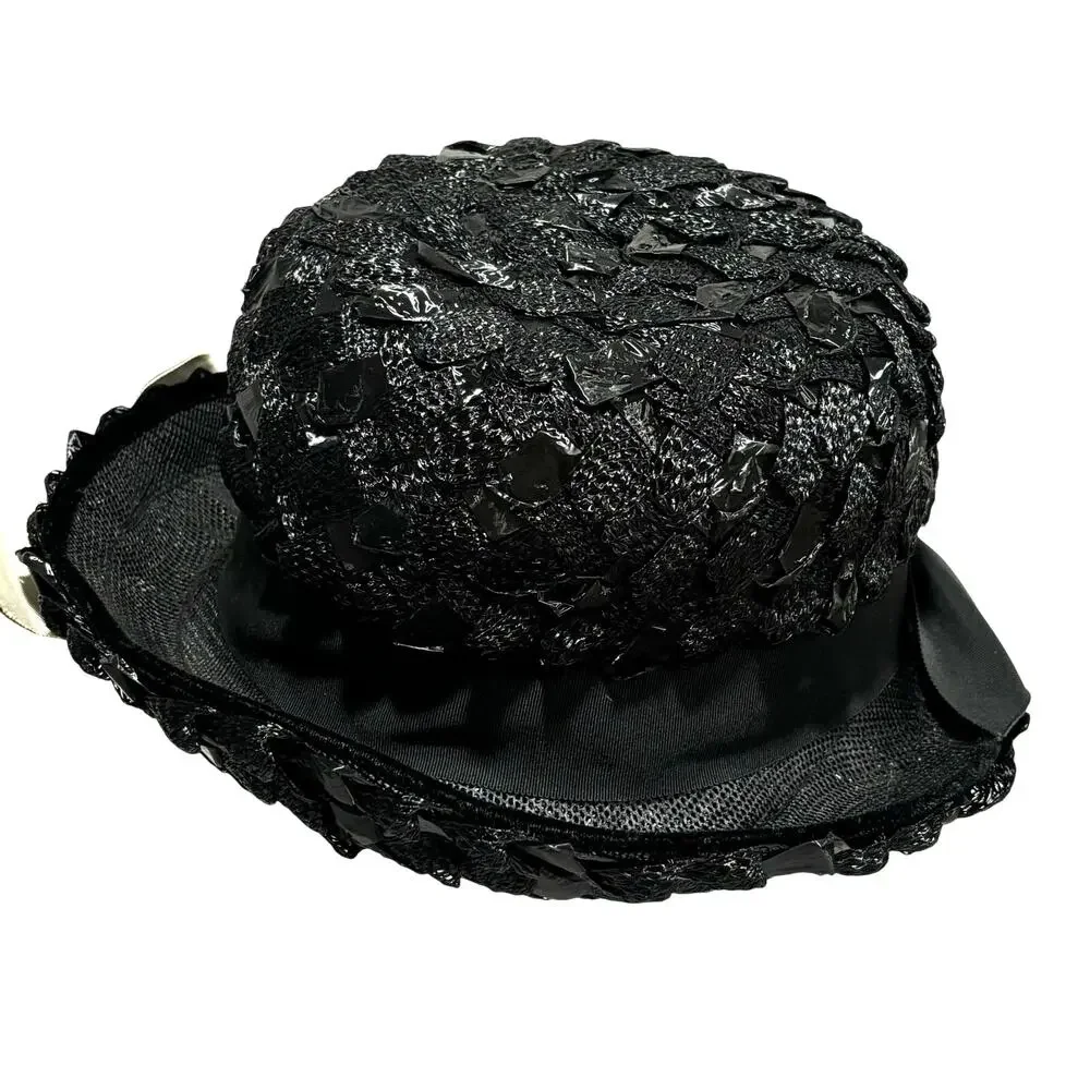 Ladies black straw fedora hat woven white hatband trim bow dressy mid century